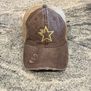 New Custom Designed Brown & Tan Mesh Distressed Trucker Hat with Gold Stars